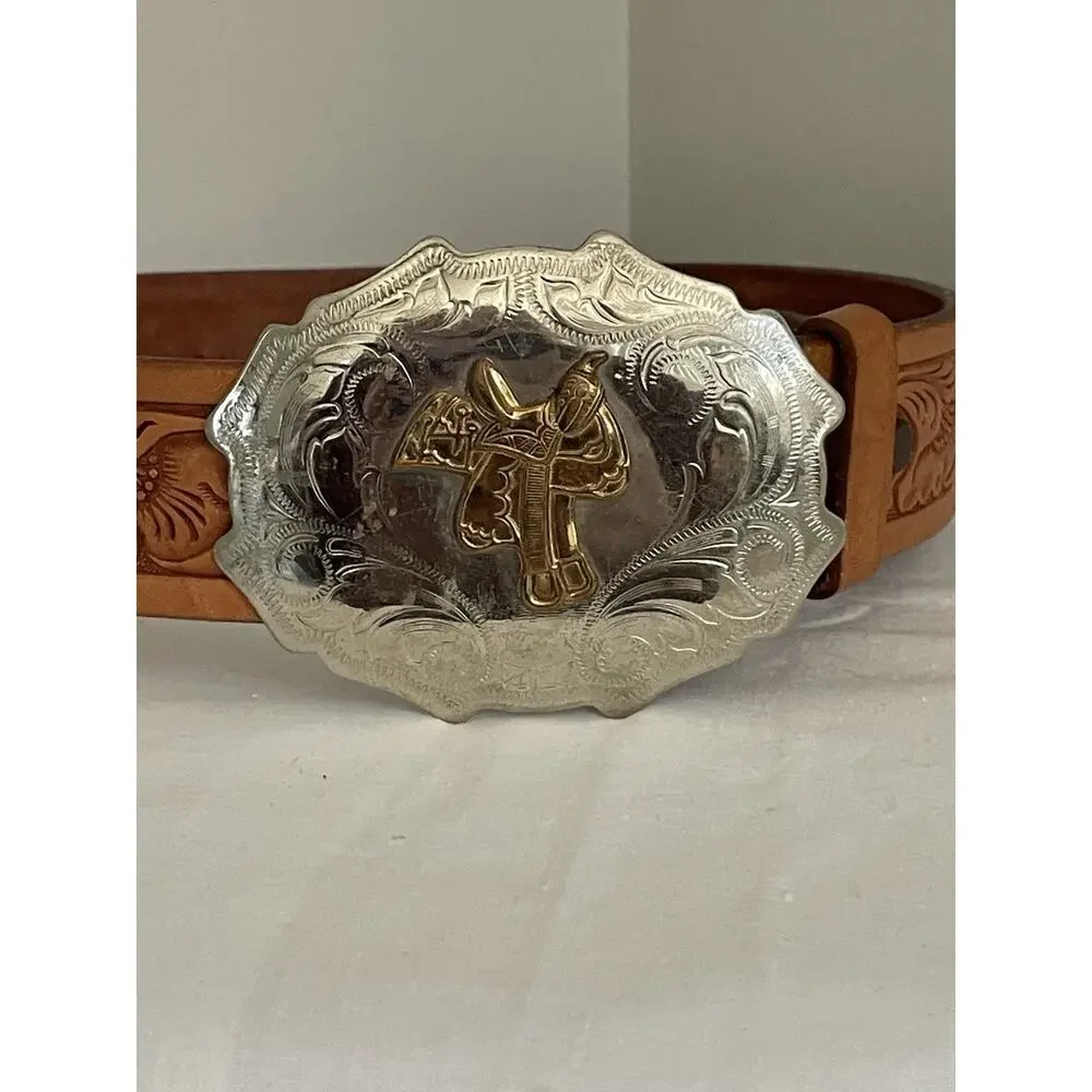 Justin Cowhide Leather Belt Saddle Buckle Western Cowboy USA Youth 24 Tooled